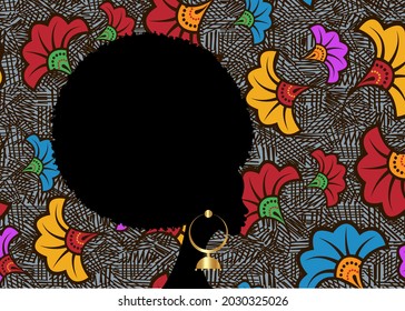 portrait African Woman, black curly afro hair, dark skin female face with curly hairstyle concept. ethnic traditional gold earrings. Vector black girl silhouette isolated or wedding flowers background