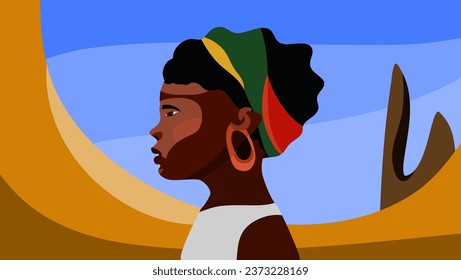 Portrait of an African woman, colorful flat stock illustration, concept of afro woman's beauty