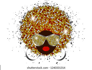 portrait African Woman , dark skin female face with shiny hair afro and gold glitter sunglasses in traditional ethnic golden turban, hairstyle concept, cover for Afro black music, disco, beauty events