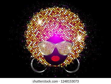 portrait African Woman , dark skin female face with shiny hair afro and gold glitter sunglasses in traditional ethnic golden turban, hairstyle concept, cover for Afro black music, disco, beauty events