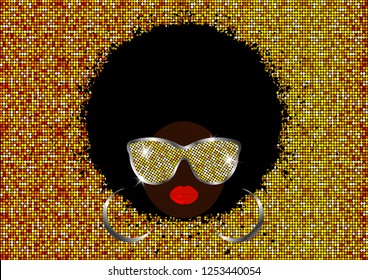 portrait African Woman , dark skin female face with black hair afro curly, gold metal shiny sunglasses in traditional ethnic style, hairstyle concept, cover for black music, disco, jazz, beauty events