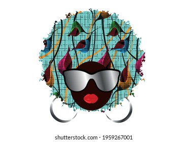 portrait African Woman in ethnic colorful turban wear fashion sunglasses, dark skin female face, traditional afro curly coiffure, hairstyle concept salon, Avatar vector isolated on white background