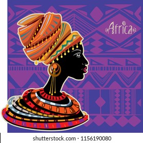 Portrait of African Woman in Ethnic Turban on tribal ornament background. Africa theme. Poster or card template. Doodle style freehand lettering