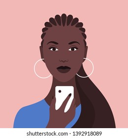 Portrait of an African woman with a phone. Diversity. Nations and races. Addiction on the smartphone and the Internet. Social networks. Vector Flat Illustration