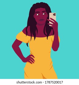 Portrait of an African woman with a phone. Woman with dreadlocks in a strapless dress. Addiction on the smartphone and the Internet. Colorful vector illustration in flat cartoon style.