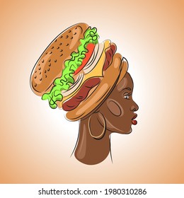 Portrait of an African woman in profile with a cheeseburger hat. Creative drawing of fast food art.