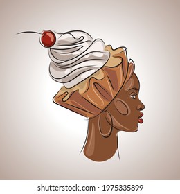 Portrait of an African woman in profile with a cream cake and a cherry on her head. Creative line art drawing.