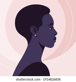 Portrait of an African woman in profile. The head is on the side. Diversity. Avatar. Vector flat illustration