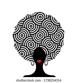 portrait African Woman silhouette,  dark skin female face with afro curly hair and ethnic traditional earrings, vector isolated. Curly hairstyle beauty concept. White background 
