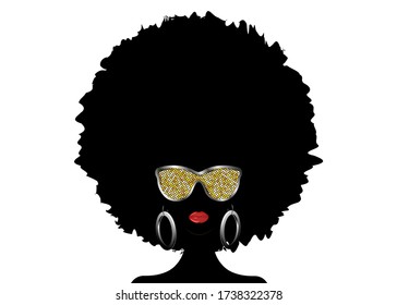 portrait African Woman silhouette,  dark skin female face with afro curly hair and gold metal sunglasses, vector isolated. Curly hairstyle, beauty event concept. Afro Jazz Music. White background 