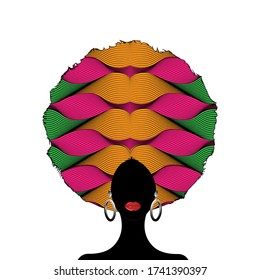 portrait African Woman silhouette,  dark skin female face with afro curly hair and ethnic traditional earrings, vector isolated. Curly hairstyle beauty concept and ethnic Afro turban White background 