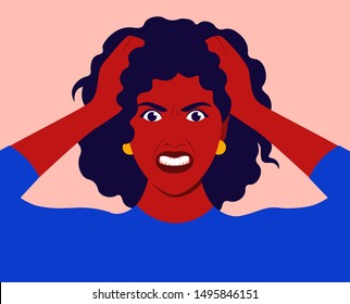 Portrait of an African woman in stress. The girl holds her head in her hands and screams. Pain. Anger and despair. Vector flat illustration