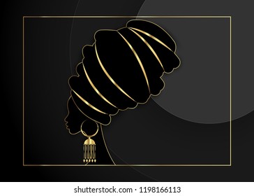 portrait African woman in traditional turban, Kente head wrap Afro, Traditional dashiki, black women vector silhouette with gold earrings. Dark luxury golden paper cut, black origami style background 