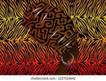 Portrait African woman in traditional turban, Kente head wrap African, Traditional dashiki printing, black afro women vector silhouette isolated with traditional batik, tiger striped ethnic background