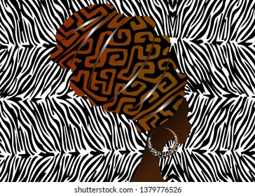 Portrait African woman in traditional turban, Kente head wrap African, Traditional dashiki printing, black afro women vector silhouette isolated with traditional batik, zebra striped ethnic background