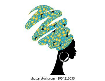 Portrait African woman in turban. Shenbolen Ankara Headwrap. Afro girl in Traditional Headtie Scarf. Colorful Kente head wraps African Wax fabric design texture. Vector isolated on white background