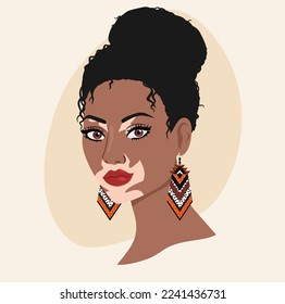 Retrato de una mujer africana con piel de vitiligo. Mujer africana casual con vitiligo. Concepto positivo corporal. Día Mundial del Vitiligo, 25 de junio. Ilustración aislada de vectores.