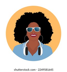 Portrait of an African woman wearing sunglasses with an Afro style hairdo and headphones on a round background