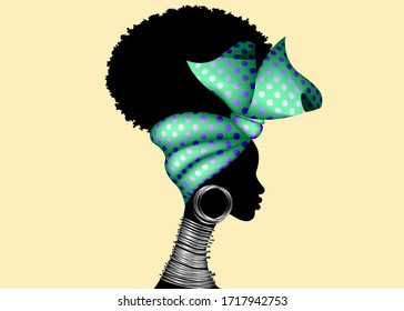 Una mujer africana retrato usa bandana para peinados rizados. Envoltura de cabeza de Shenbolen Ankara. Tejidos afro Tradicional de cabeza turbante en polka de textura de diseño de tela. Vector aislado en estilo Pin-up de los años 50 