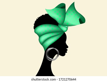 Una mujer africana retrato usa bandana para peinados rizados. Envoltura de cabeza de Shenbolen Ankara. Tejidos afro Tradicional de cabeza turbante en polka de textura de diseño de tela. Vector aislado en estilo Pin-up de los años 50 