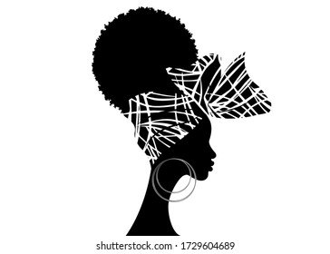 Portrait African woman wears bandana for curly hairstyles. Shenbolen Ankara Headwrap Women. Afro Traditional Headtie Scarf Turban in tribal zebra fabric design texture. Vector isolated on white 