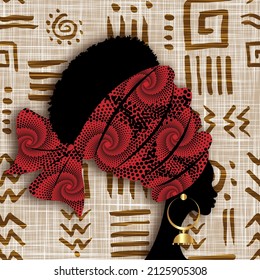 Portrait African Woman Wears Bandana For Curly Hairstyles. Shenbolen Ankara Headwrap Women. Afro Traditional Headtie Scarf Turban Tribal Motif Fabric Design Texture, Ethnic Background Of Afro Art