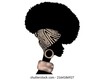 Portrait African woman wears bandana for curly hairstyles. Shenbolen Ankara Headwrap Women. Afro Traditional Headtie Scarf Turban in tribal zebra fabric design texture. Vector isolated on white 