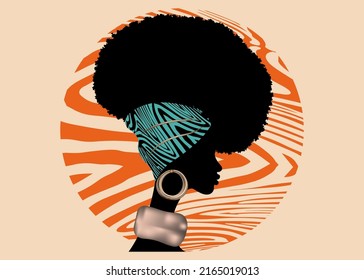 Portrait African woman wears bandana for curly hairstyles. Shenbolen Ankara Headwrap Women. Afro Traditional Headtie Scarf Turban in tribal orange zebra fabric design texture. Vintage vector isolated 