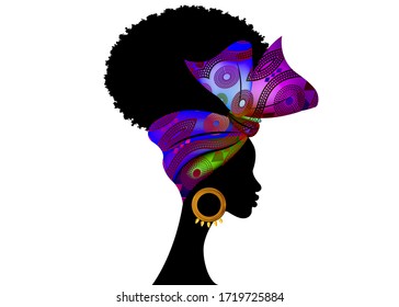 Portrait African woman wears fashion bandana for curly hairstyles. Shenbolen Ankara Headwrap Women. Afro Traditional Headtie Scarf Turban in tribal fabric design texture. Vector isolated on white 