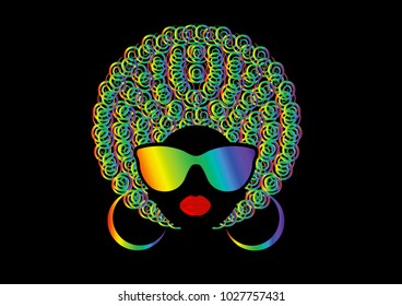 portrait African Women , dark skin female face with colorful hair afro and metal glasses in traditional ethnic curly hair on isolated background , hairstyle concept, disco party concept party 