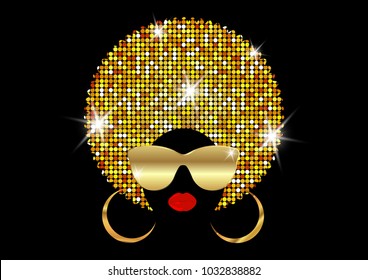 portrait African Women , dark skin female face with shiny hair afro and gold metal sunglasses in traditional ethnic golden turban, hairstyle concept, cover for black music, disco, beauty events