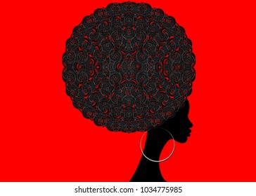 portrait African Women , dark skin female face with hair afro and ethnic traditional earrings on vector isolated , Curly Afro hair style concept in the Red Background 