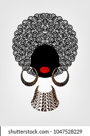 portrait African Women , dark skin female face with hair afro and ethnic traditional earrings and necklace on vector isolated or white , Curly Afro hair style concept or ethnic jewellery logo