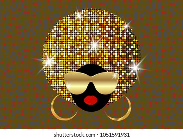 portrait African Women , dark skin female face with shiny hair afro and gold metal sunglasses in traditional ethnic golden turban, hairstyle concept, cover for black music, disco, beauty events, jazz