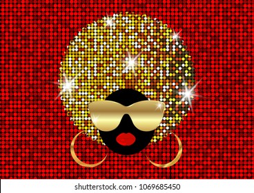 portrait African Women , dark skin female face with shiny hair afro and gold metal sunglasses in traditional ethnic golden turban, hairstyle concept, cover for black music, disco, beauty events 