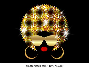 portrait African Women , dark skin female face with shiny hair afro and gold metal sunglasses in traditional ethnic golden turban, hairstyle concept, cover for black music, disco, beauty events. 