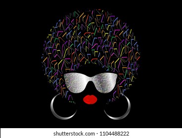 portrait African Women , dark skin female face with hair afro and metal sunglasses in traditional ethnic colorful turban vector isolated, cover for black music, disco, beauty events, hairstyle concept
