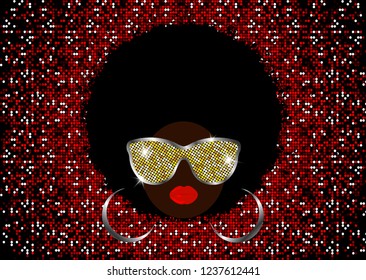 portrait African Women , dark skin female face with black hair afro and gold metal shiny sunglasses in traditional ethnic style, hairstyle concept, cover for black music, disco, jazz, beauty events