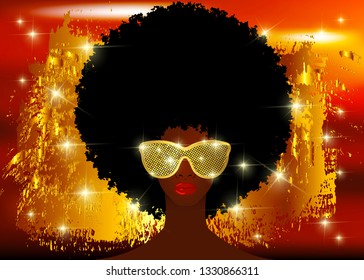 portrait African Women , dark skin female face with beautiful traditional black hair afro and gold glitter sunglasses glitter colorful shiny golden background. Cover for black music, disco, event  