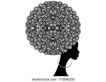 portrait African Women , dark skin female face with hair afro and ethnic traditional earrings on vector isolated , hair style concept 