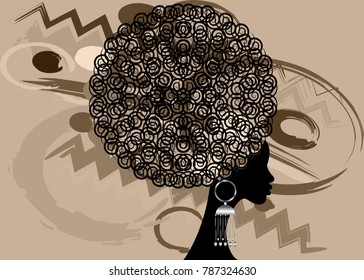 portrait African Women , dark skin female face with curly hair afro and ethnic traditional earrings on vector isolated or batik background , hair style concept