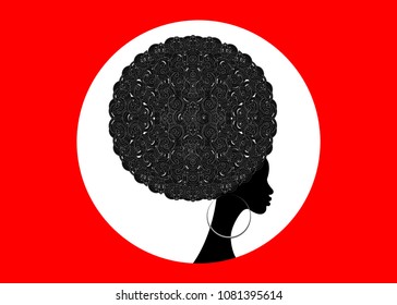 portrait African Women silhouette, dark skin female face with afro ethnic traditional curly,  hair style design concept for beauty salons, spa, cosmetics, fashion and beauty industry.  Isolated or Red