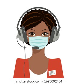 Portrait of african-american woman with medical mask on her face and headphone on her head. Remote work during сoronavirus pandemic or other  virus epidemics. Vector illustration isolated on white.