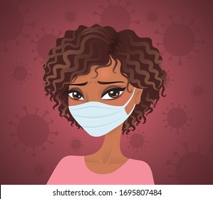 Portrait of an afro american with a mask. Red background with mask.