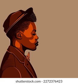 Portrait of an afro american transgender man. Gay in a hat and women's clothing. Side view. Vector illustration