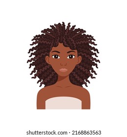 Portrait Of Afro Beautiful Woman With Bad Dirty Hair. Black Lady Did Not Comb Her Curly Hair. Wavy And Tangled Hair. Color Cartoon Style. White Background. Vector Illustration For Beauty Design.