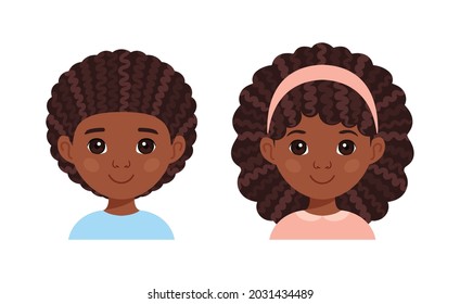 Portrait of Afro Cute Boy and Black Beautiful Girl. Children with Curly Hair. Preschoolers and Kindergarten Kids are Smiling. Avatar. Flat Cartoon Style. White background. Vector stock illustration