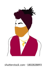 Portrait of afro woman with mask. Linear style vector.