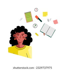 Portrait of an afro woman with stationery: a book, a notebook, a marker, etc. Flat vector illustration on white background 