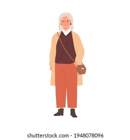 Portrait of aged gray-haired woman wearing stylish casual clothes and accessories. Trendy outfit of old lady. Colored flat graphic vector illustration of modern granny isolated on white background